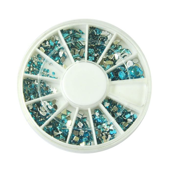 turquoise nail art strass decoratie wiel met sterren hartjes rondjes en druppelvormige steentjes voor gelnagels gellak en acryl nagels