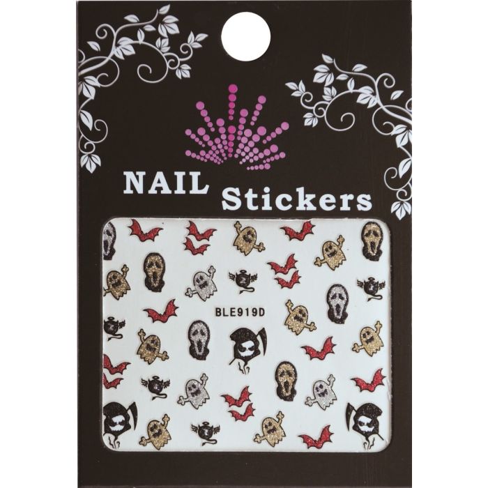 Halloween nail stickers BLE919D met spoken, rode vleermuizen, Grim Reaper en glitterdetails