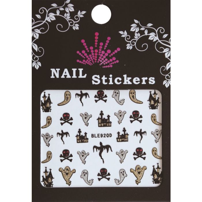 Halloween nail stickers BLE920D met spoken, spookhuizen, doodskoppen en gouden en zilveren glitterdetails
