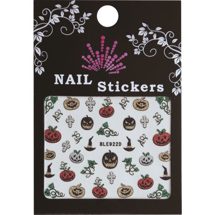 Halloween nail stickers BLE922D met pompoenen, heksenhoeden, kruisjes en glitterdetails