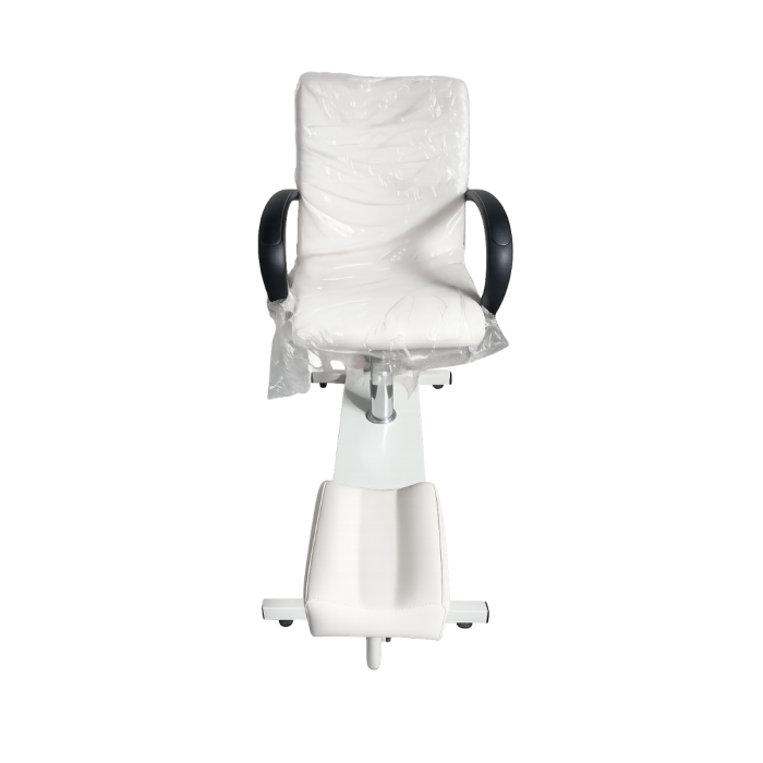 witte pedicurestoel met verstelbare voetsteun en armleuningen voor pedicurepraktijk, medische voetverzorging, schoonheidssalon en nagelstudio.