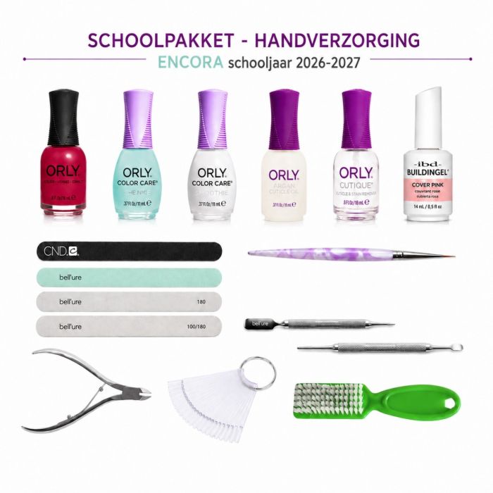 Schoolpakket Handverzorging ENCORA 2026-2027 met ORLY nagelverzorging, ibd Building Gel, vijlen, manicuretools.