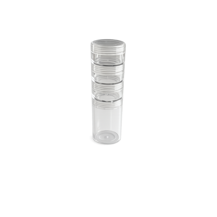 Transparante stapelbare nail art potjes voor glitter, Swarovski steentjes, pigmenten en nail art decoraties.