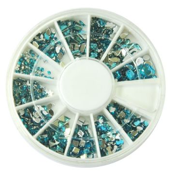 turquoise nail art strass decoratie wiel met sterren hartjes rondjes en druppelvormige steentjes voor gelnagels gellak en acryl nagels