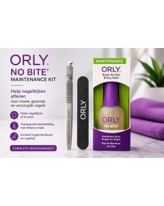 ORLY No Bite Maintenance Kit met transparante anti-nagelbijt behandeling, metalen nagelriemduwer en ORLY nagelvijl op witte achtergrond.