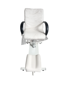 witte pedicurestoel met verstelbare voetsteun en armleuningen voor pedicurepraktijk, medische voetverzorging, schoonheidssalon en nagelstudio.