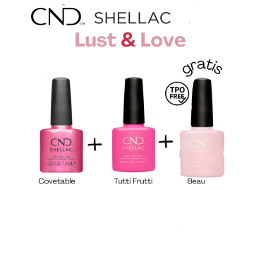 CND SHELLAC 2+1 Lust & Love – Tutti Frutti, Covetable en Beau gratis 
SHELIAC manicure met Tutti Frutti – hoogglans resultaat 
Beau sheer nude – French basis 