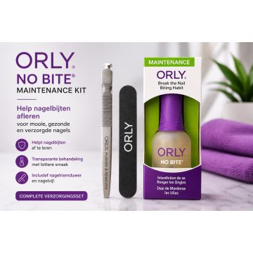 ORLY No Bite Maintenance Kit met transparante anti-nagelbijt behandeling, metalen nagelriemduwer en ORLY nagelvijl op witte achtergrond.