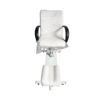 witte pedicurestoel met verstelbare voetsteun en armleuningen voor pedicurepraktijk, medische voetverzorging, schoonheidssalon en nagelstudio.