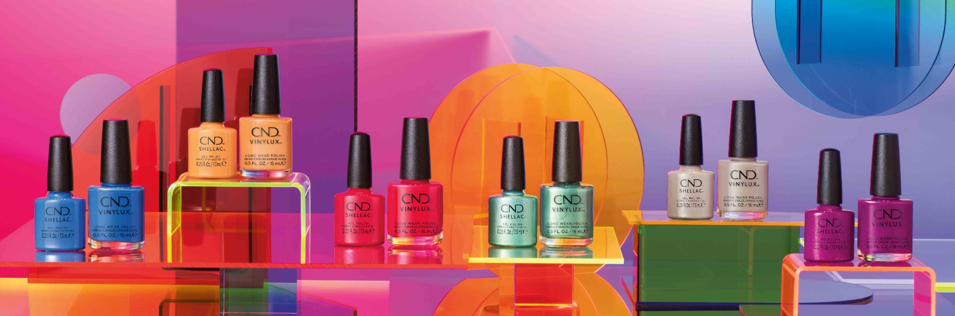 Different colors of CND Shellac bottles on a display